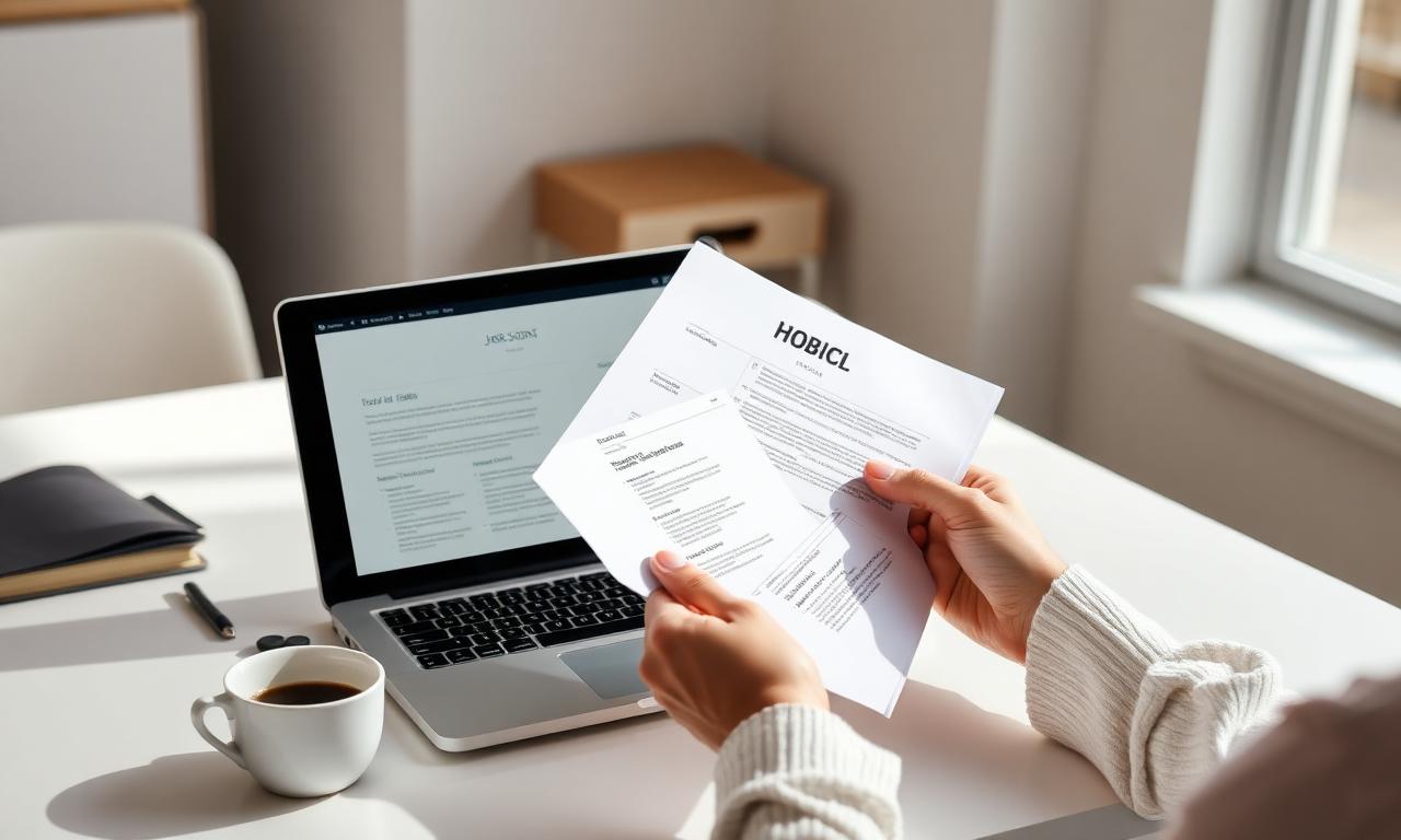 Sollicitant met een geprint CV naast een laptop met motivatiebrief