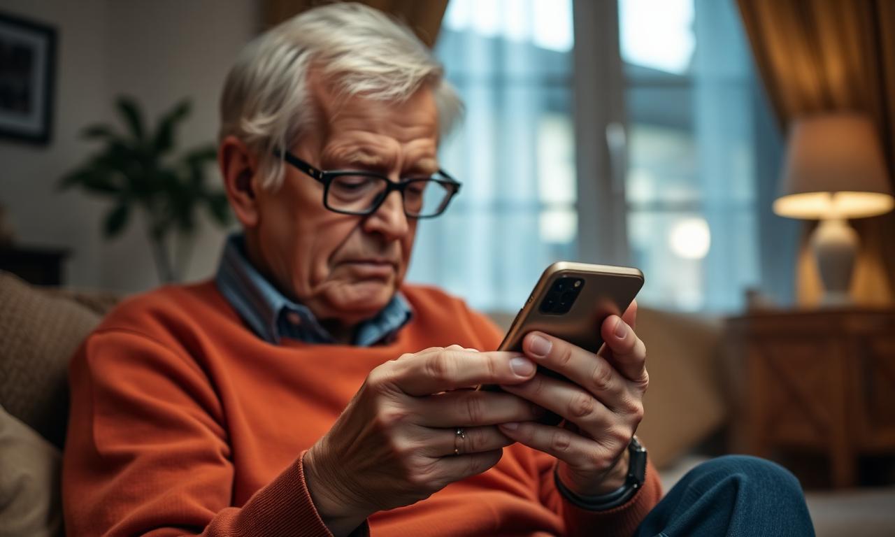 Senior die voorzichtig naar een verdacht bericht op zijn smartphone kijkt
