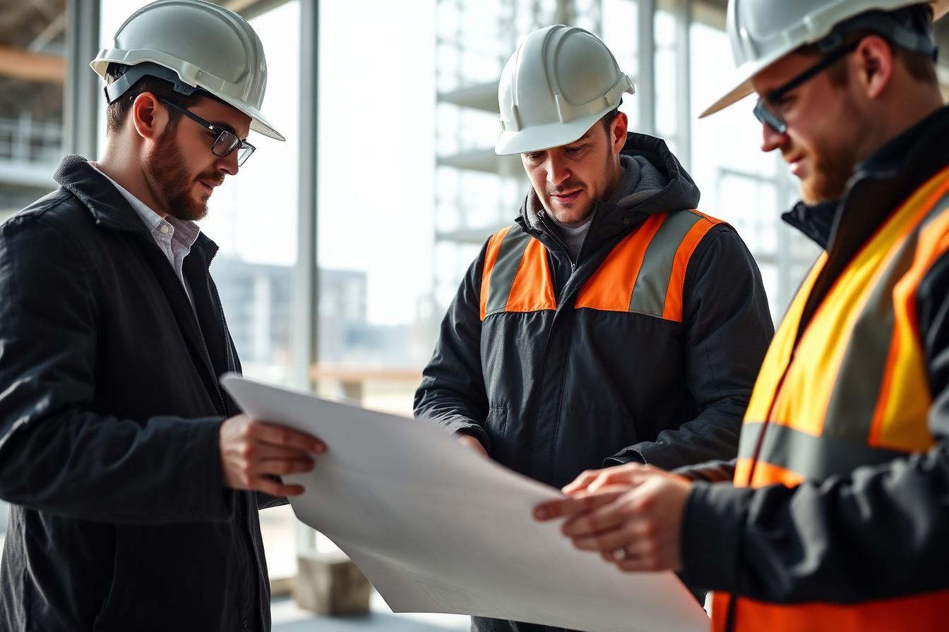 Bouwteam bekijkt projectplannen op een bouwlocatie