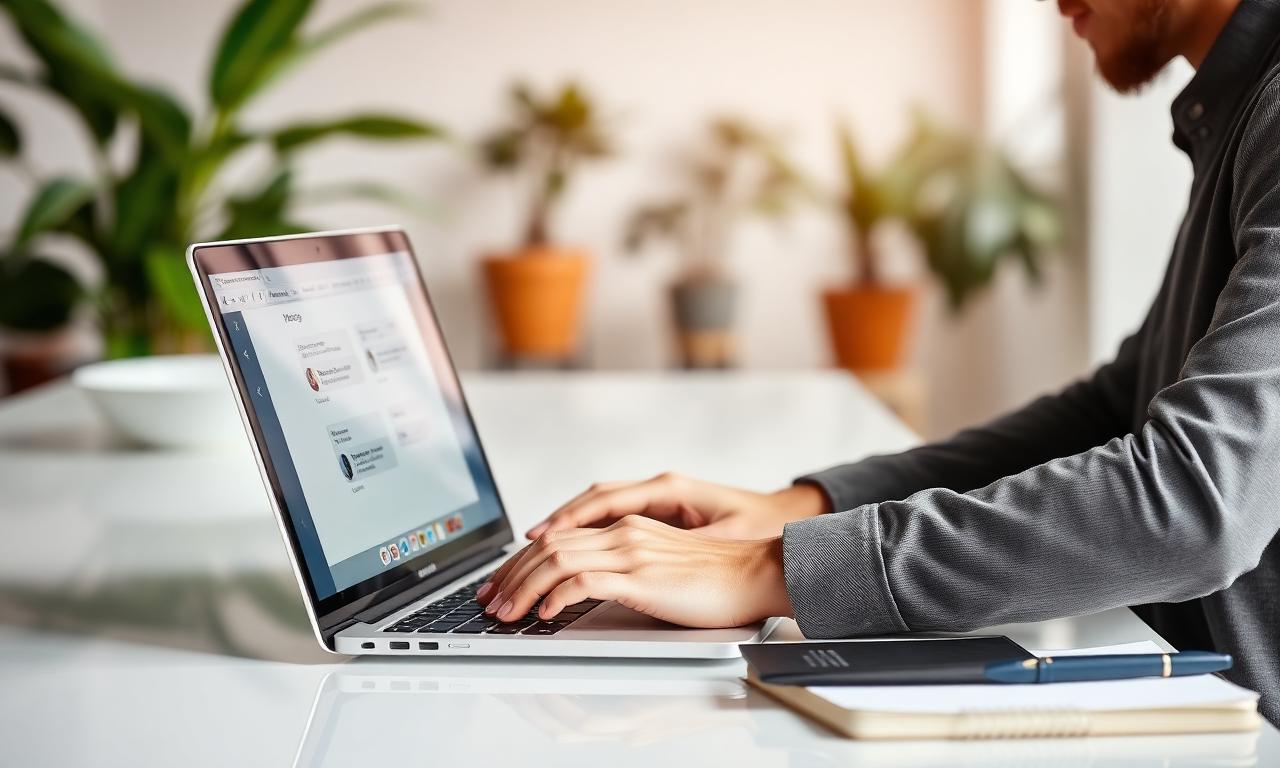 Ondernemer die op een laptop met een AI-chatinterface werkt aan een licht bureau