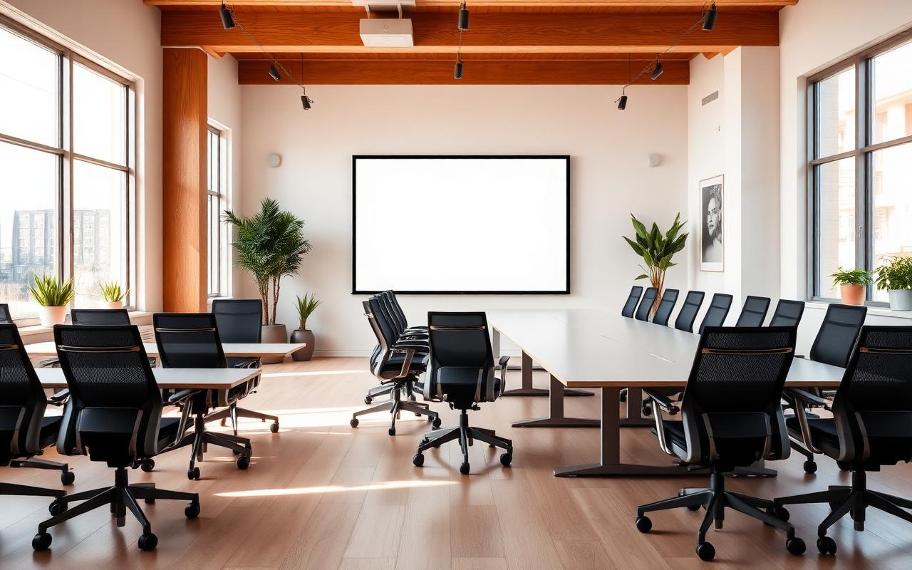 Modern training room with large table and presentation screen in Hilversum