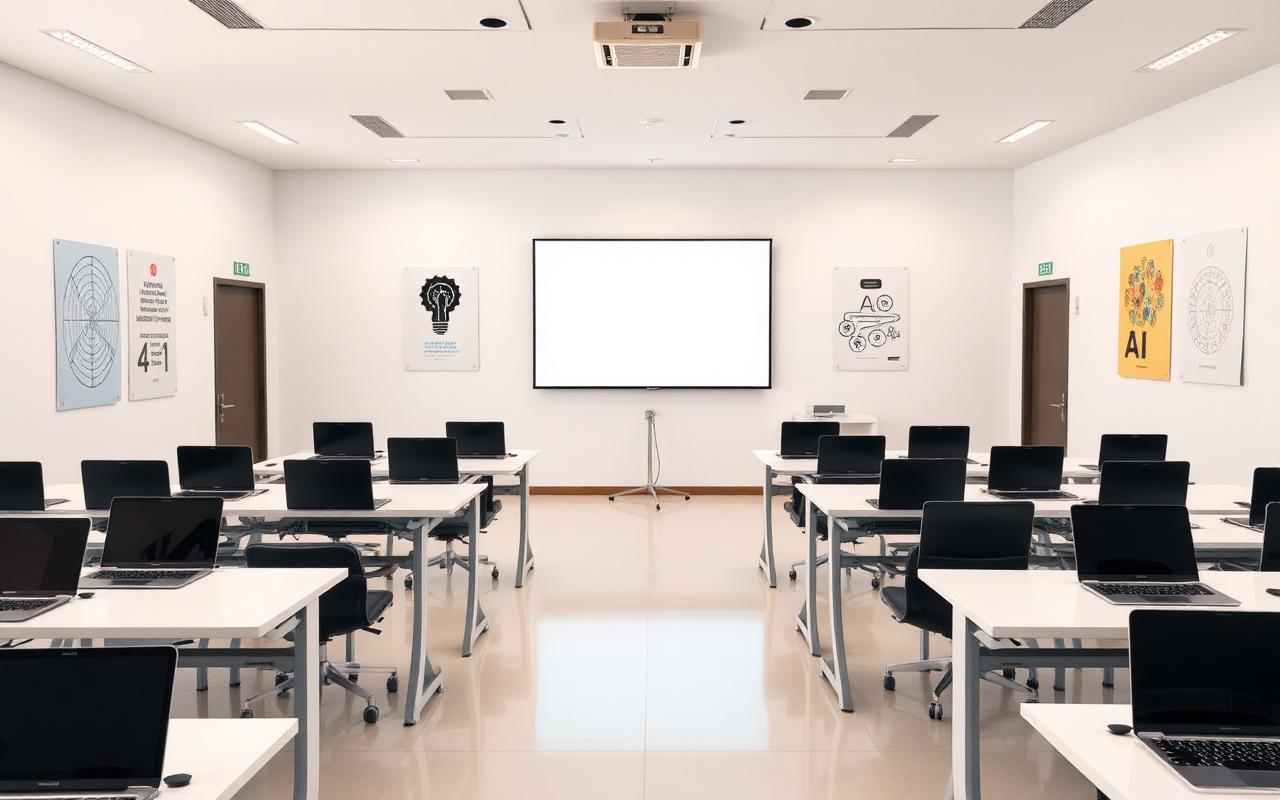 Classroom workshop space with laptops and interactive screen in Hilversum