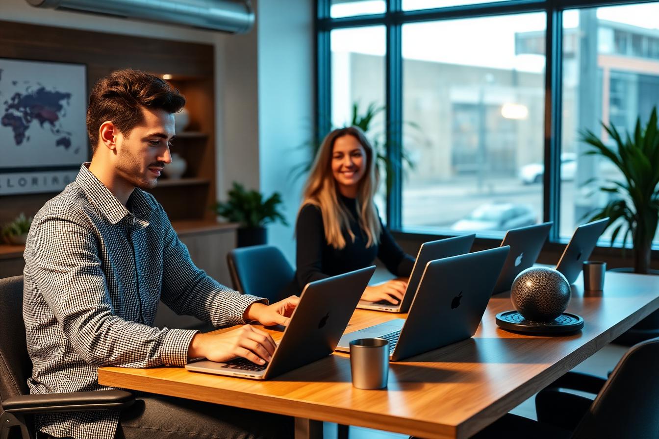 SME team using AI tools on laptops in a modern office