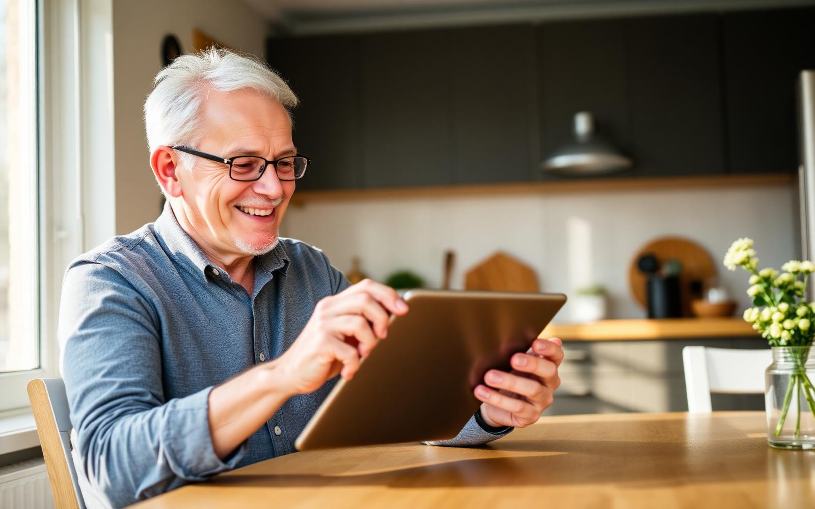 Vriendelijke senior leert AI gebruiken op een tablet aan de keukentafel