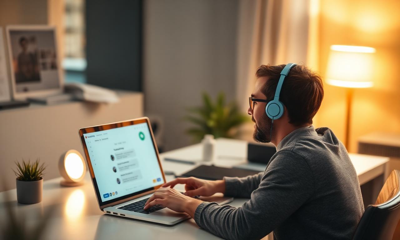 Persoon aan een bureau die met een AI-chatbot werkt op een laptop